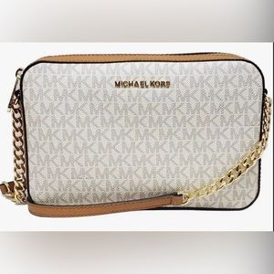 Michael Kors Jet Set Vanilla Large Saffiano Leather Crossbody Bag.